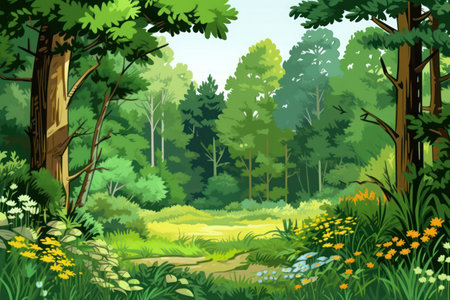 Serene natural landscape with a dense forest and vibrant greeneryの素材