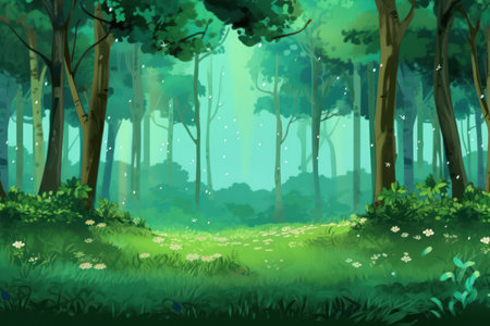 Serene natural landscape with a dense forest and vibrant greeneryの素材