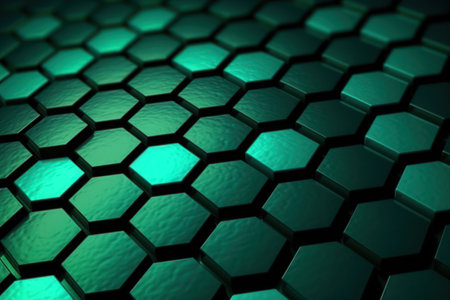 Dynamic abstract background with blurred green hexagons on black.の素材