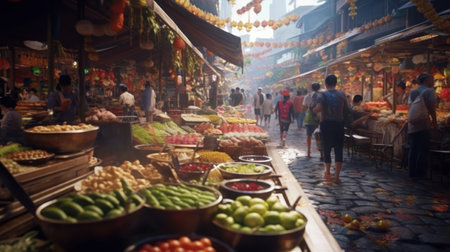 A vibrant Asian market brimming with fresh produceの素材