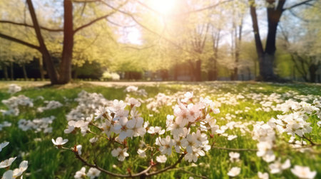 Serene Spring Landscape with Blooming Glade and Blue Skyの素材