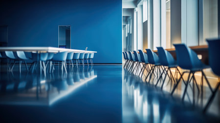 Minimalist Conference Room with Soft Blue Lighting and Bokehの素材