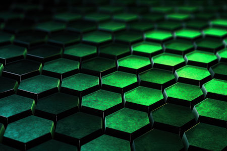 Dynamic abstract background with blurred green hexagons on black.の素材