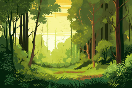 Serene natural landscape with a dense forest and vibrant greeneryの素材