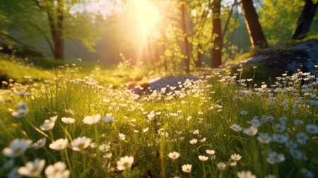 Serene Spring Landscape with Blooming Glade and Blue Skyの素材