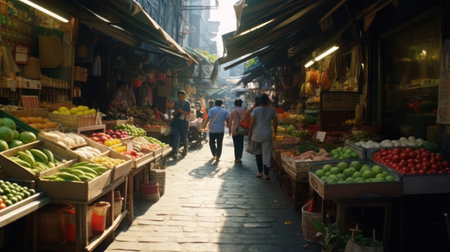 A vibrant Asian market brimming with fresh produceの素材