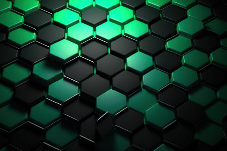 Dynamic abstract background with blurred green hexagons on black.の素材