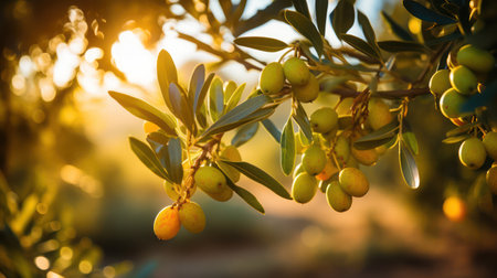Fresh Olives Hanging on Tree Branches, AI generatedの素材