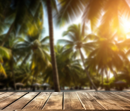 Serene Coastal Getaway: Blurred beach backdrop with an empty wooden tableの素材