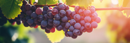 Vibrant farm scene with ripe grape clusters on lush grapevinesの素材