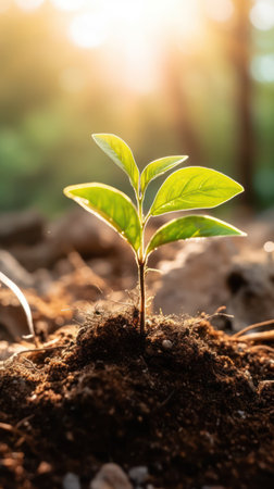 Renewal and growth: Seedling emerging from brown soil in sunlightの素材
