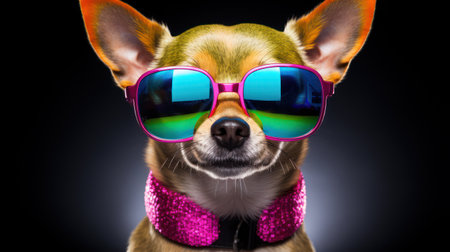 Adorable Dog with Rainbow-Colored Glasses in Close-Up Studio Portraitの素材