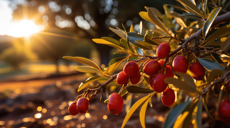 Fresh Olives Hanging on Tree Branches, AI generatedの素材