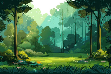 Serene natural landscape with a dense forest and vibrant greeneryの素材