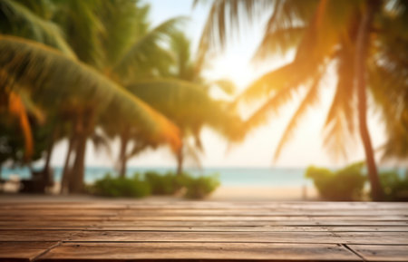 Serene Coastal Getaway: Blurred beach backdrop with an empty wooden tableの素材