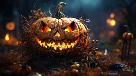 Spooky Halloween Pumpkin on Blurry Bokeh Backgroundの素材