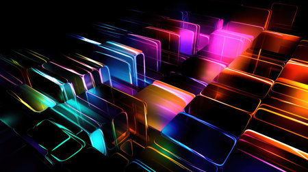 Abstract artwork featuring a vibrant array of colorful lights and their mesmerizing reflectionsの素材