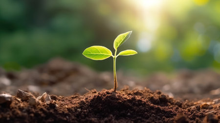 Renewal and growth: Seedling emerging from brown soil in sunlightの素材