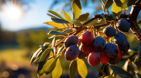 Fresh Olives Hanging on Tree Branches, AI generatedの素材
