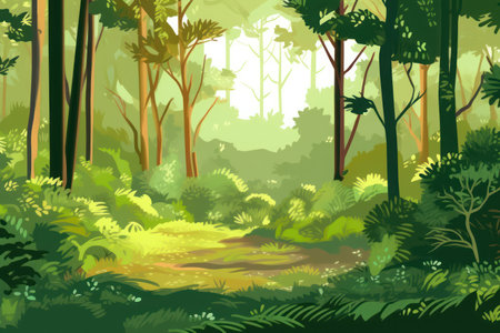 Serene natural landscape with a dense forest and vibrant greeneryの素材
