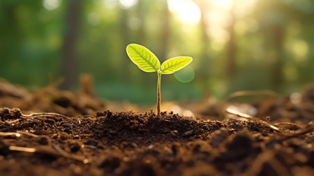 Renewal and growth: Seedling emerging from brown soil in sunlightの素材