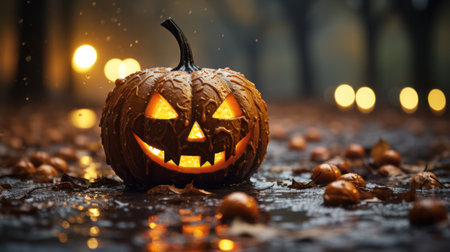 Spooky Halloween Pumpkin on Blurry Bokeh Backgroundの素材