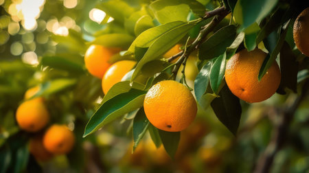 Sunny citrus grove, Ripe oranges glistening on trees in a sunny farmの素材