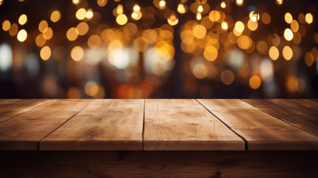 Wooden Table Elegance, Golden Bokeh in Restaurant Spaceの素材
