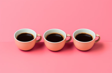 Symmetrical Espresso Cup Trio on Pink Backgroundの素材