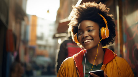 Smiling Black Woman Enjoying Music Outdoorsの素材