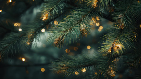 "Emerald Glow, Close-Up of Pine Tree Branches with Backlit Lightsの素材
