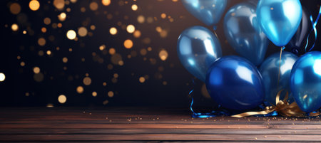Bokeh Elegance. Red and Blue Balloons on Dark Gold Woodの素材