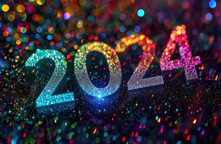 Bold 2024 Typography with Shimmer Lights on Black Backgroundの素材