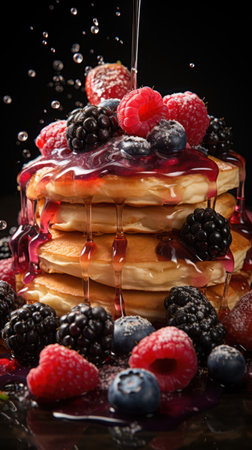 Colorful and appetizing pancake breakfast with assorted berriesの素材
