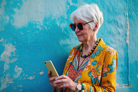 Stylish Senior Woman with Smartphone in Unique Textile Fusionの素材