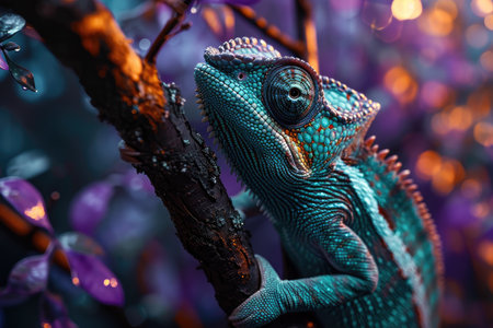 Vibrant Green and Purple Chameleon on Treeの素材