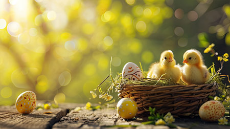Springtime Joy, Basket of Easter Eggs and Sweet Yellow Chickensの素材