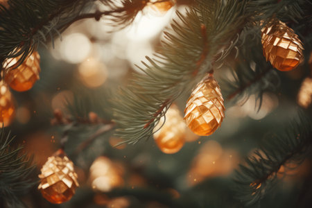 "Emerald Glow, Close-Up of Pine Tree Branches with Backlit Lightsの素材