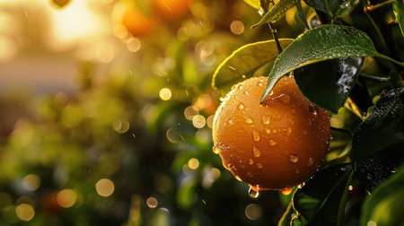Juicy Orange Glistening in Warm Afternoon Lightの素材