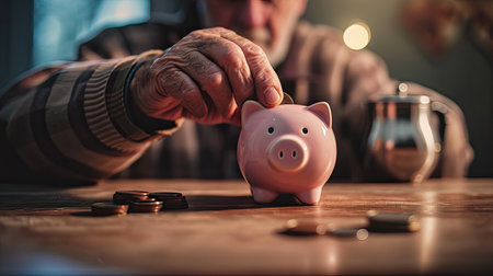 Senior Man Saving Money in Piggy Bankの素材