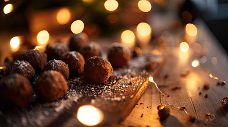 Warm Brown Christmas Truffles Display with Glowing Lightsの素材