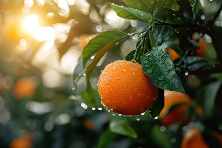 Juicy Orange Glistening in Warm Afternoon Lightの素材