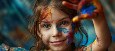 Colorful Painted Hand and Happy Girlの素材