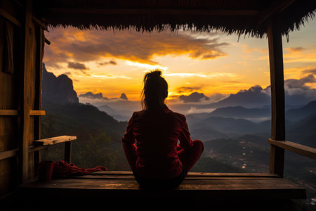 Thai-Inspired Art with Woman and Sunsetの素材