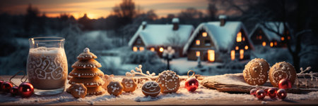 Gingerbread cookies arranged in a festive scene for Christmas celebrationの素材