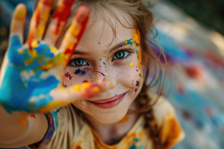 Colorful Painted Hand and Happy Girlの素材