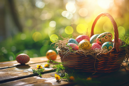 Colorful Easter Eggs in Rustic Basketの素材