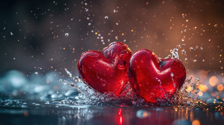 Two red hearts on a dark background with splashes of water.の素材