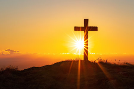 Serene Hill with Backlit Wooden Crossの素材