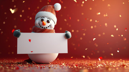 Adorable Snowman Toy Holding Blank White Bannerの素材